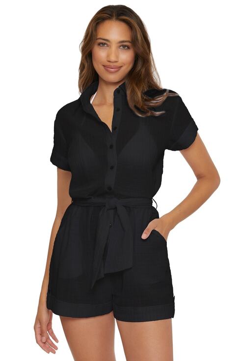 Becca by Rebecca Virtue Pants - Becca Rebecca Virtue Cabana Sheer Black Belted Romper Beach Coverup Size Large